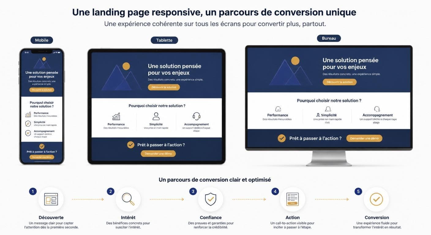 Infographie d'une landing page responsive affichée sur mobile, tablette et ordinateur