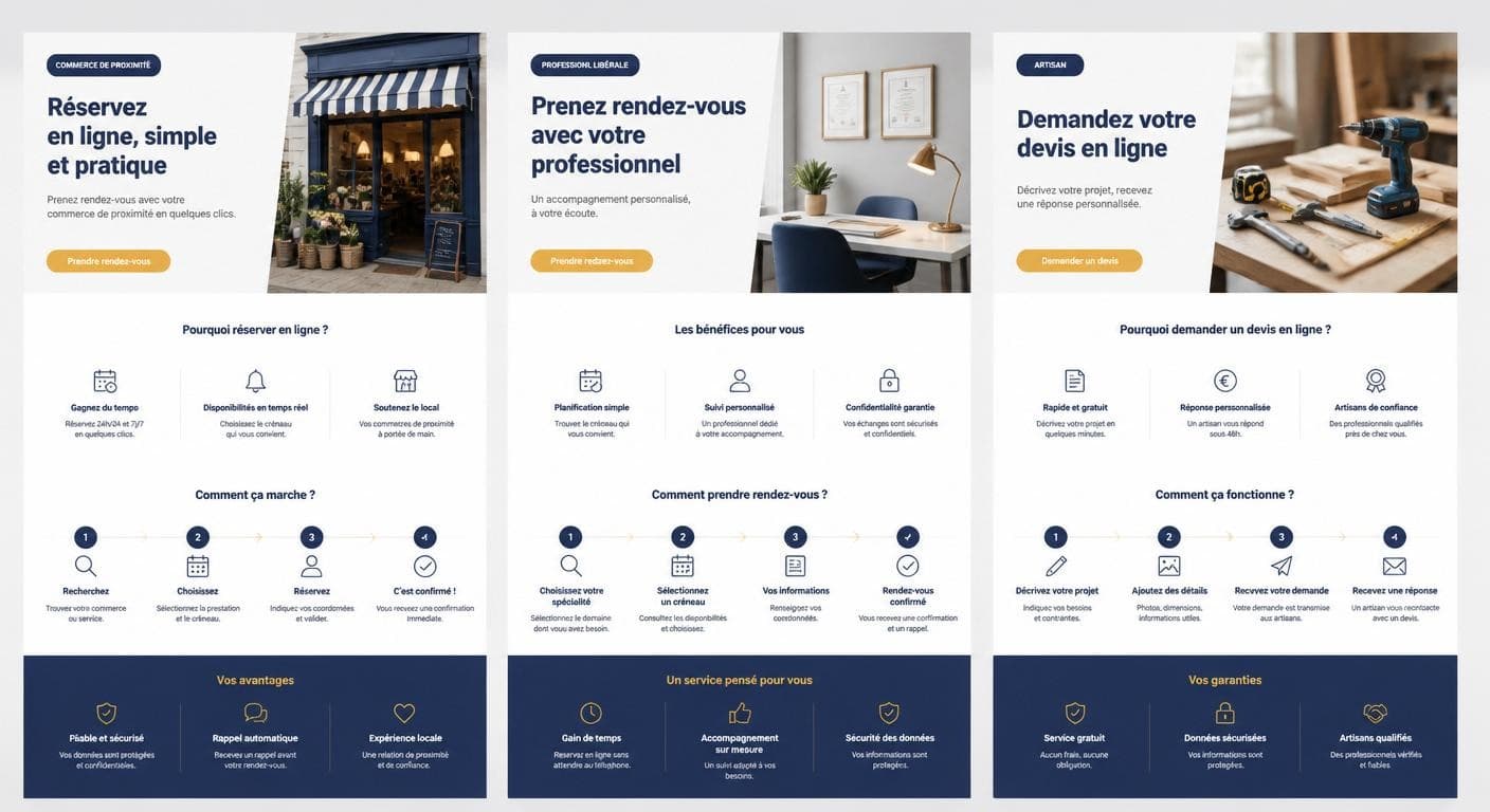 Infographie de trois modèles de landing page pour commerce local, profession libérale et artisan