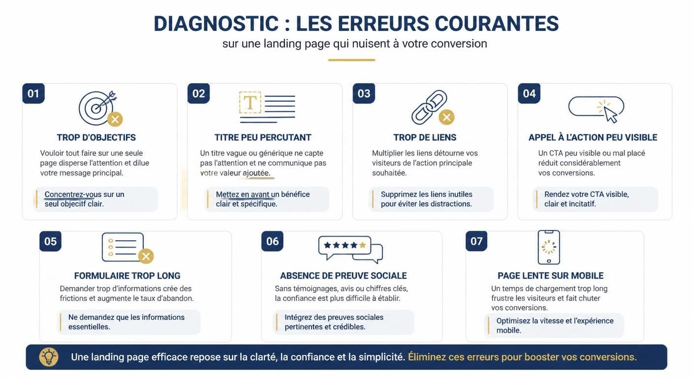 Infographie diagnostiquant les erreurs qui font chuter le taux de conversion d'une landing page
