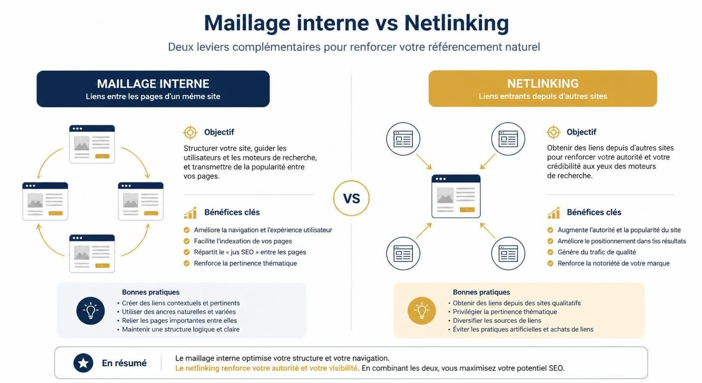 Infographie comparant le maillage interne et le netlinking comme leviers du référencement naturel