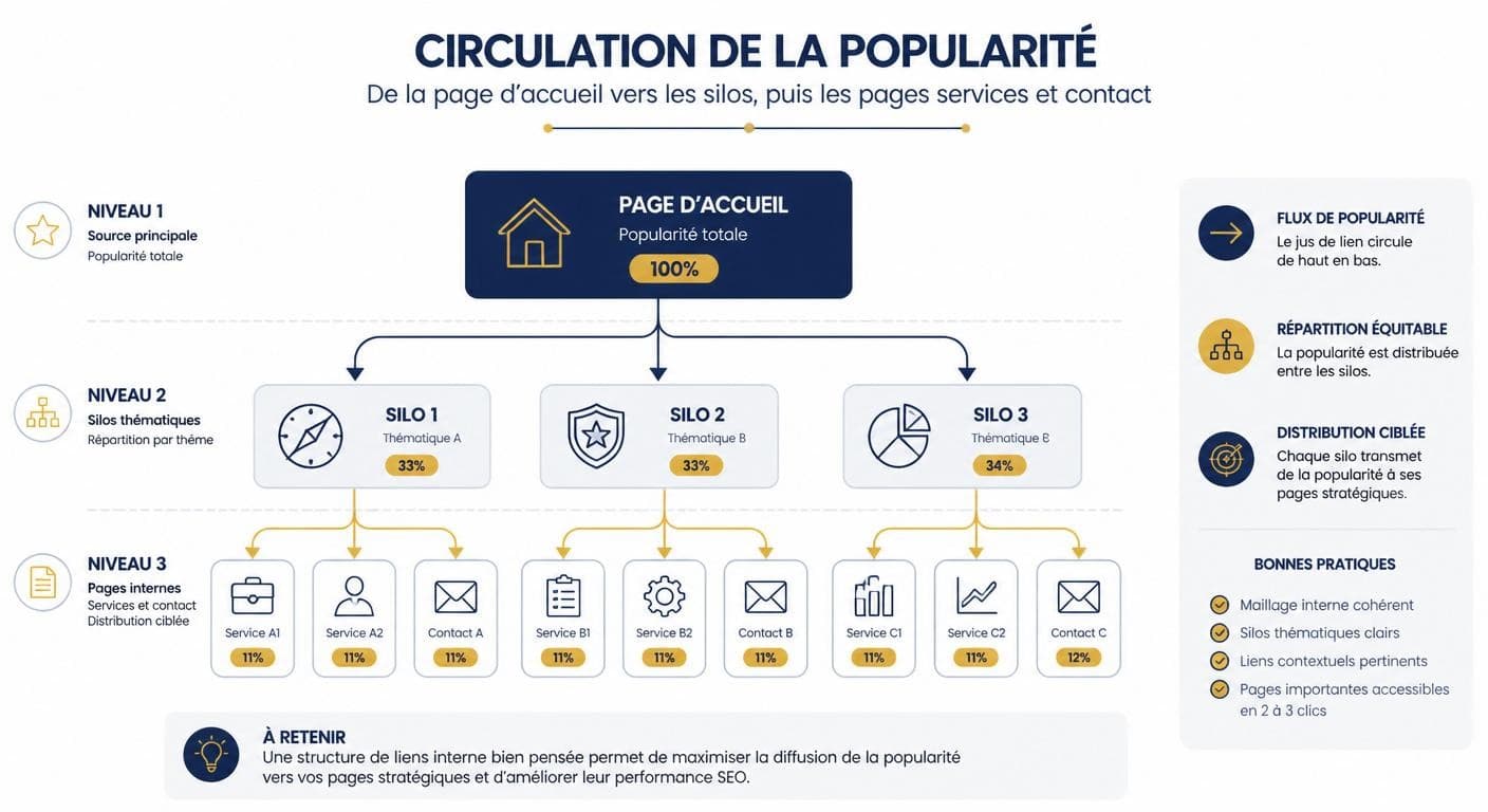 Infographie montrant la circulation de la popularité entre les pages d'un site organisé en silos thématiques