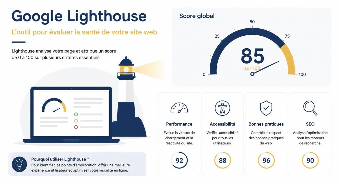 Infographie présentant Google Lighthouse comme un bilan de santé de site web noté de 0 à 100