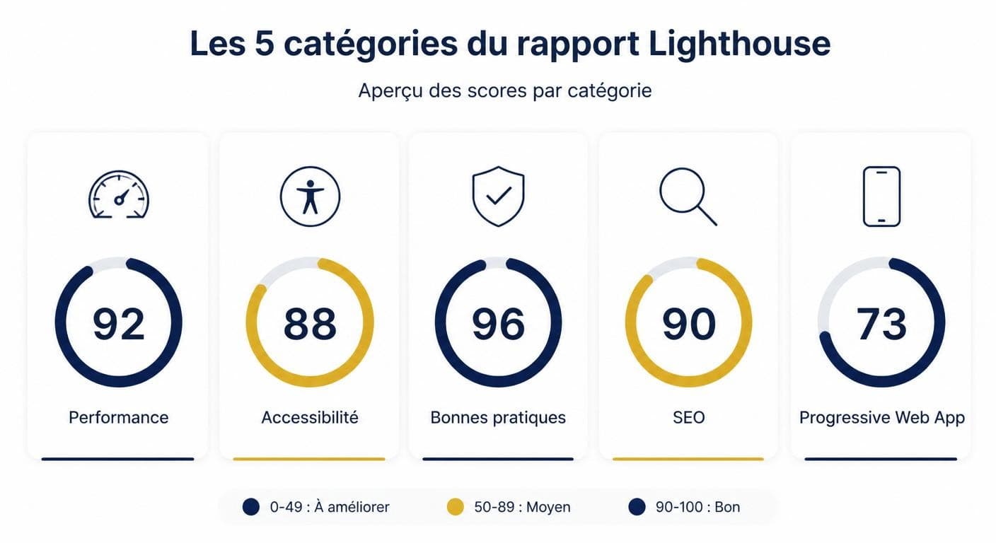 Infographie des cinq catégories du rapport Lighthouse notées de 0 à 100