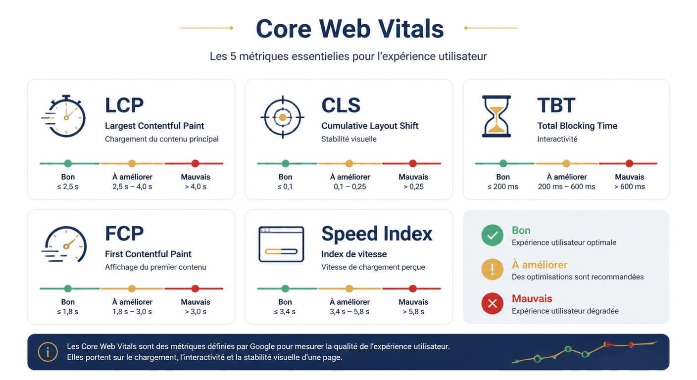 Infographie des métriques de performance et des Core Web Vitals mesurées par Lighthouse