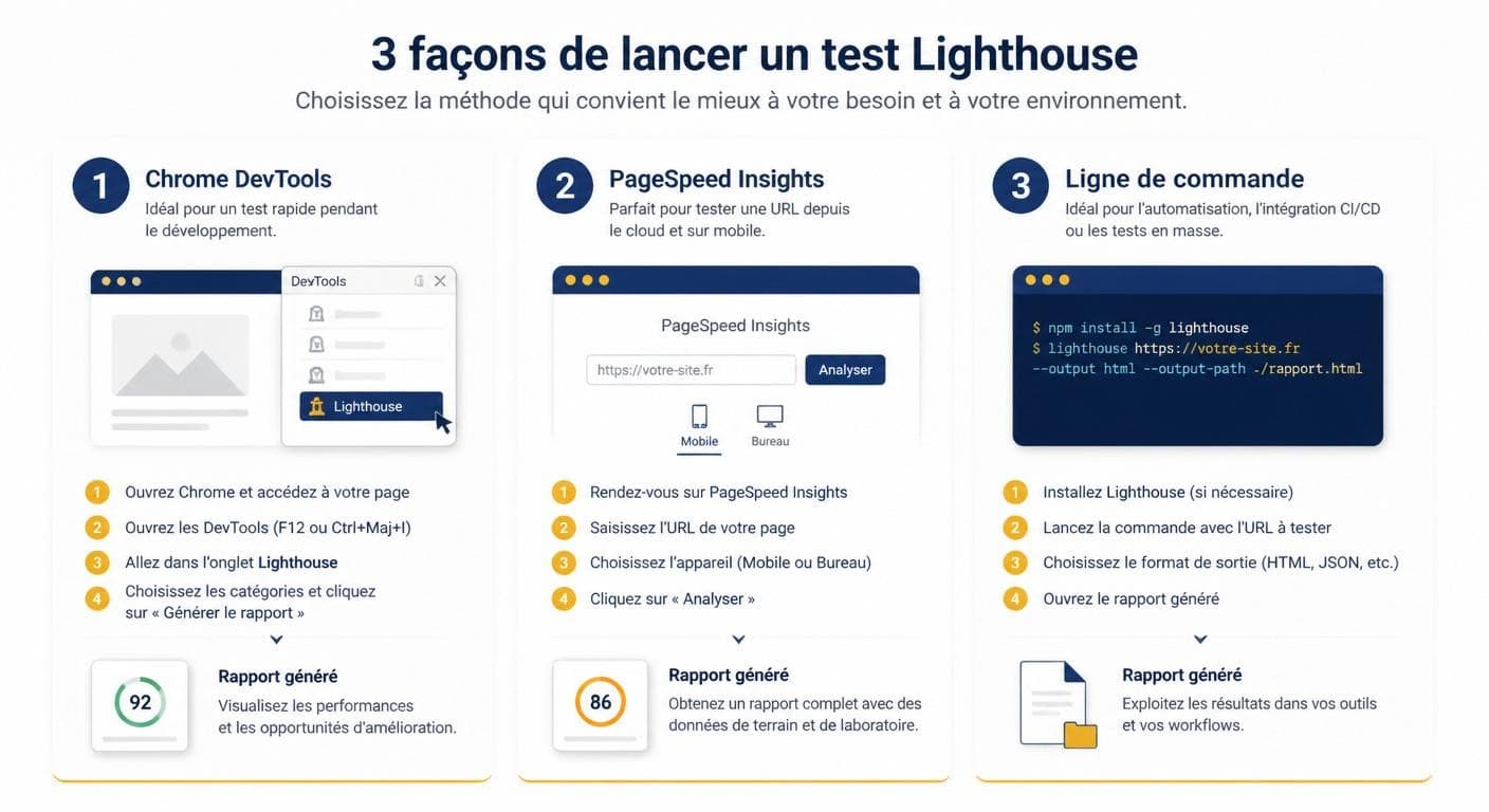 Infographie des trois méthodes pour lancer un test Lighthouse