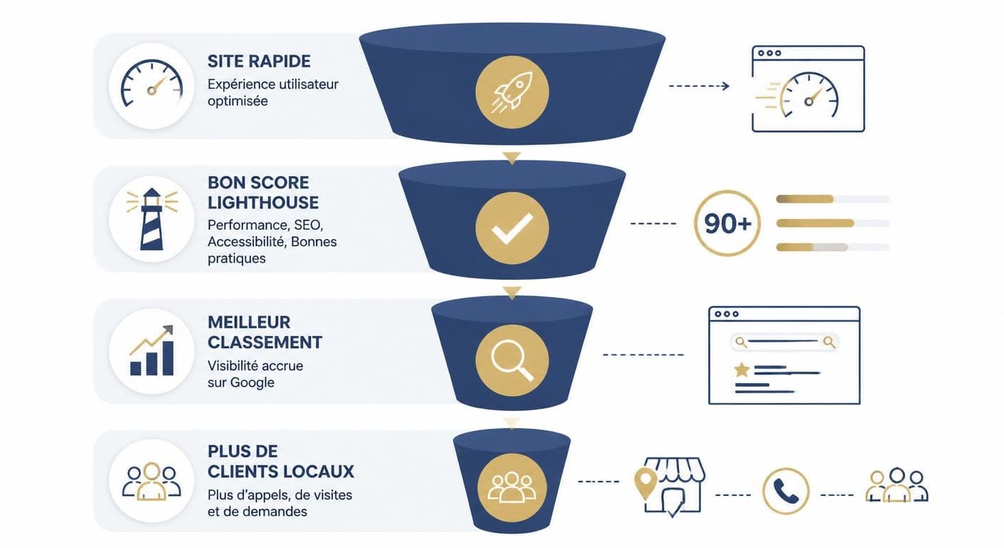Infographie reliant un bon score SEO Lighthouse à une meilleure visibilité Google