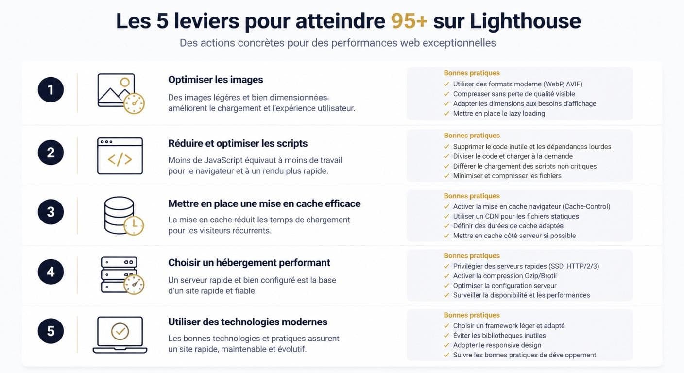 Infographie des leviers pour atteindre un score Lighthouse de 95 et plus