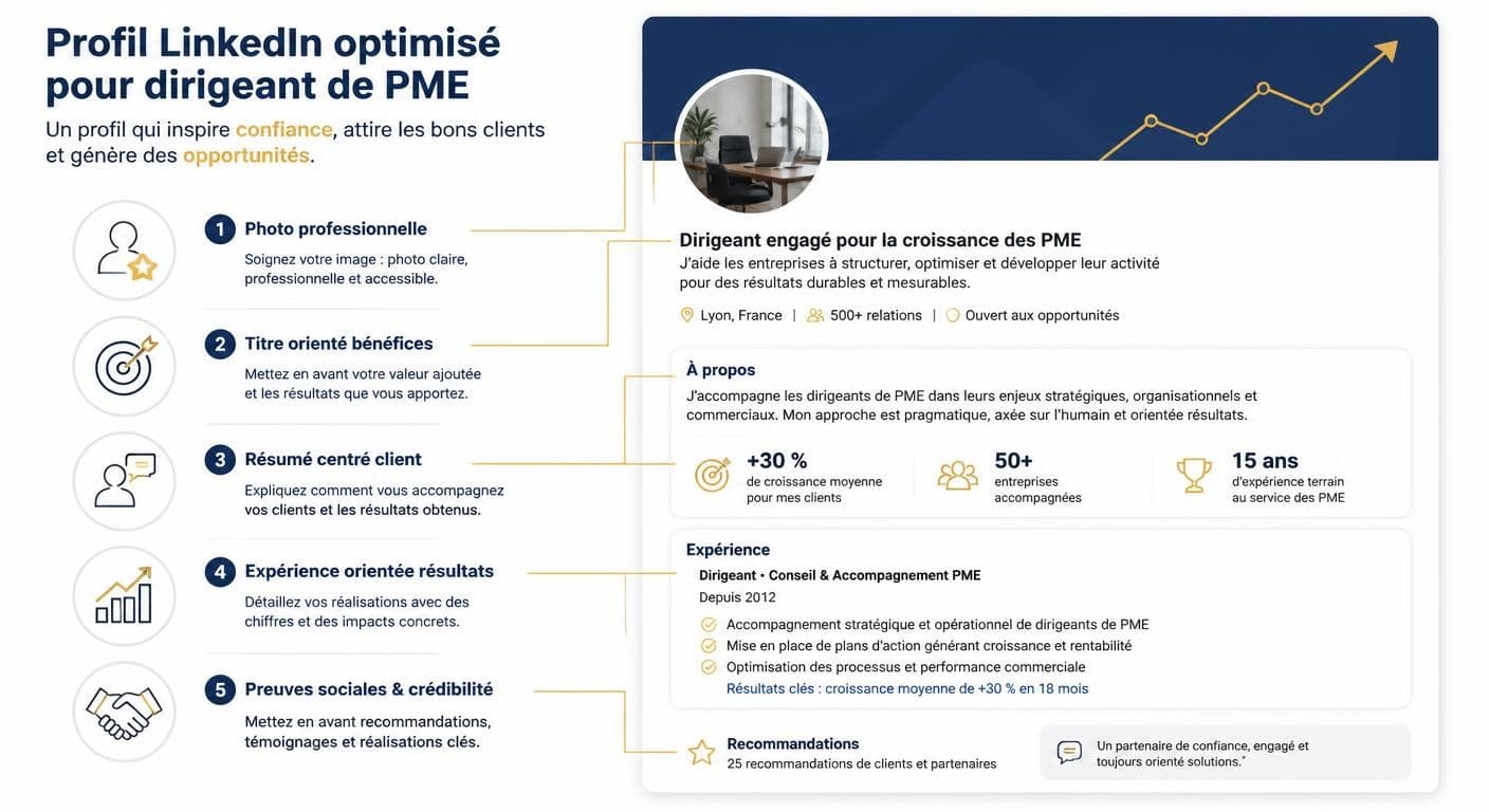 Infographie des éléments clés d'un profil LinkedIn optimisé pour un dirigeant de PME