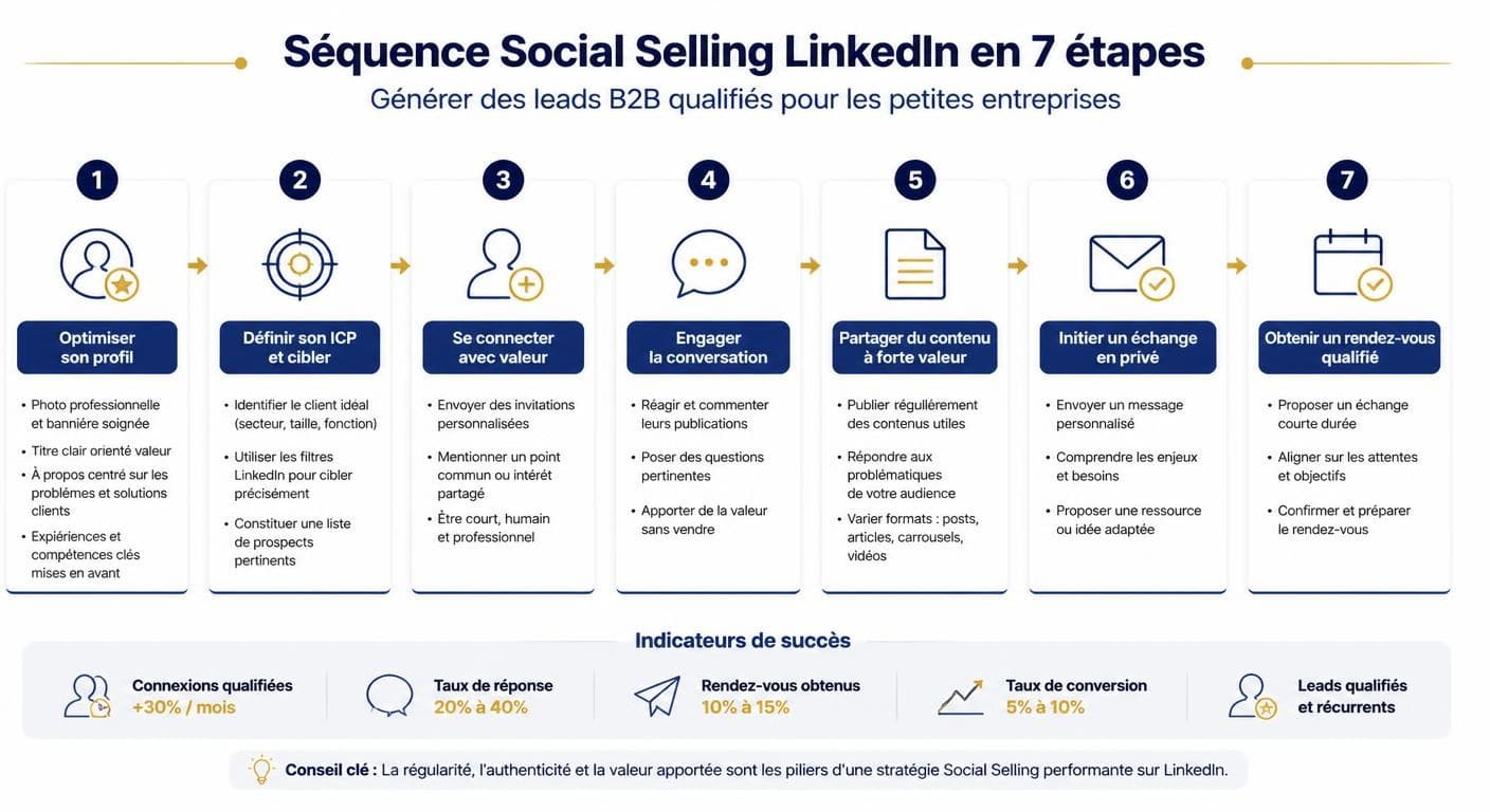 Infographie des sept étapes du social selling B2B sur LinkedIn pour une PME