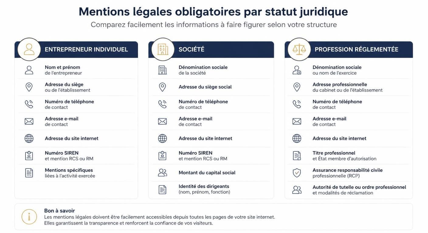 Infographie comparant les mentions légales selon le statut juridique