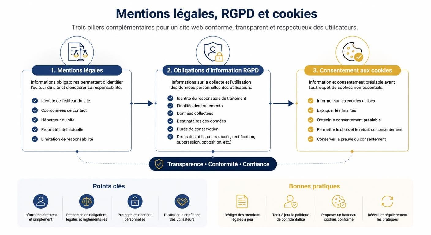 Infographie reliant mentions légales, RGPD et cookies