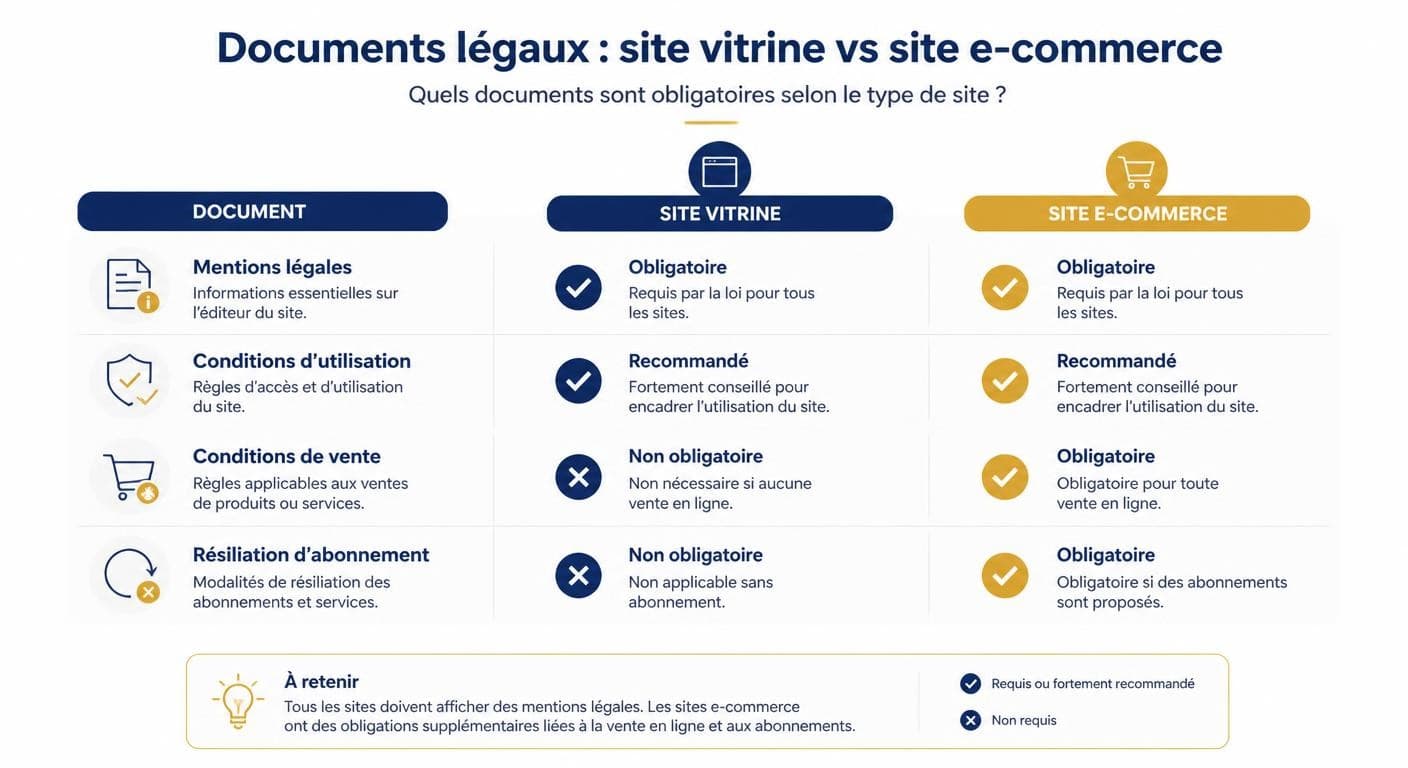 Infographie comparant les obligations d'un site vitrine et d'un site e-commerce