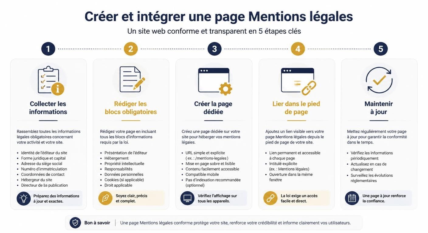 Infographie des étapes pour créer et intégrer une page mentions légales