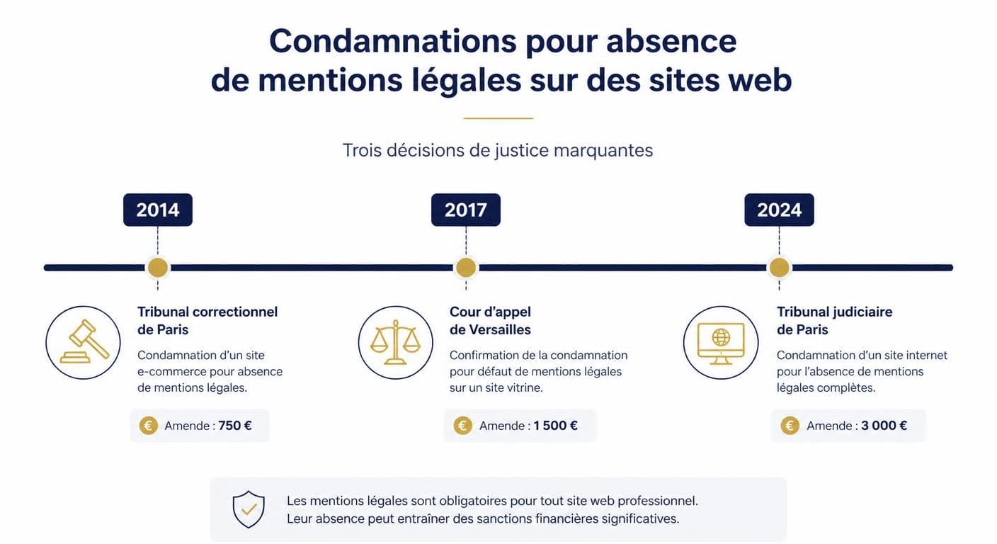 Infographie frise chronologique des condamnations pour absence de mentions légales entre 2014 et 2024