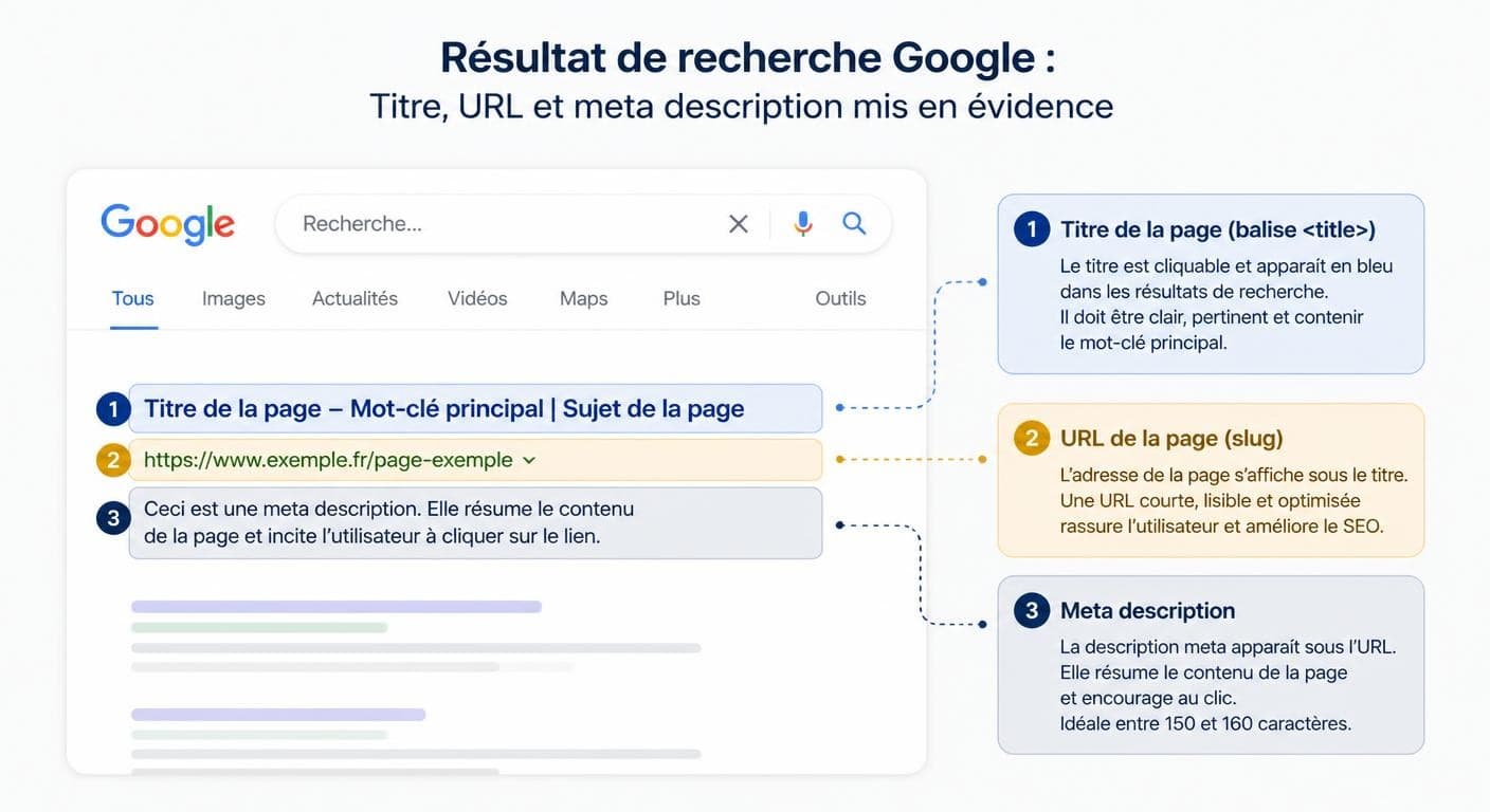 Schéma d'un résultat Google avec la balise meta description mise en évidence