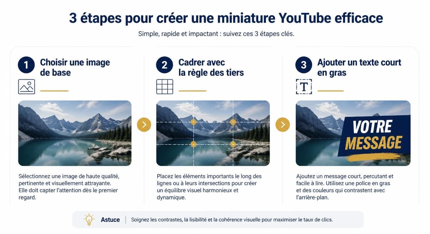 Infographie des trois premières étapes pour créer une miniature YouTube
