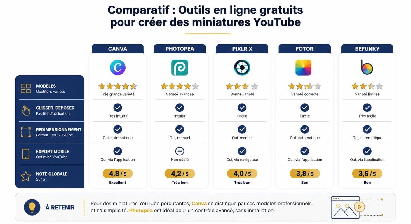 Infographie comparant les outils gratuits pour créer une miniature YouTube