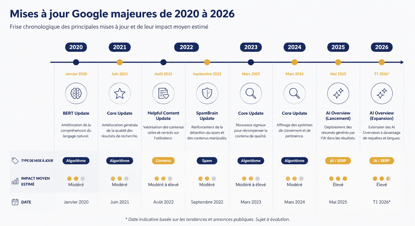 Calendrier des mises à jour Google majeures de 2020 à 2026