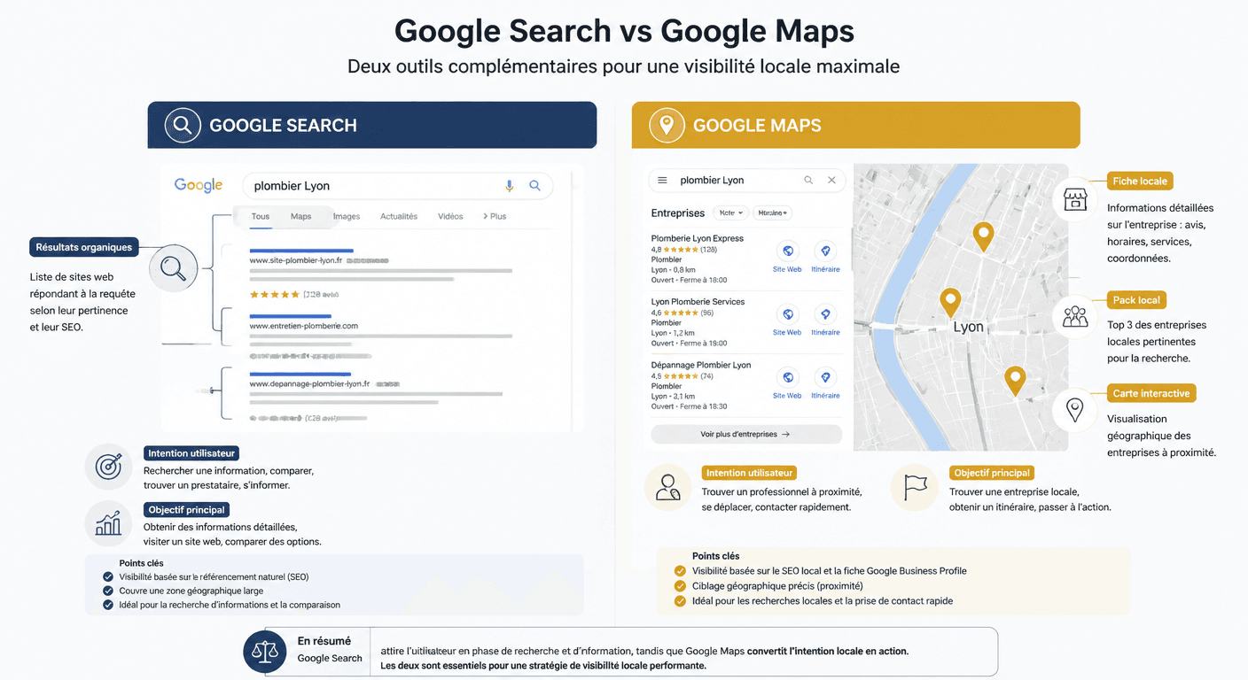 Schéma comparatif Google Search vs Google Maps pour la visibilité locale