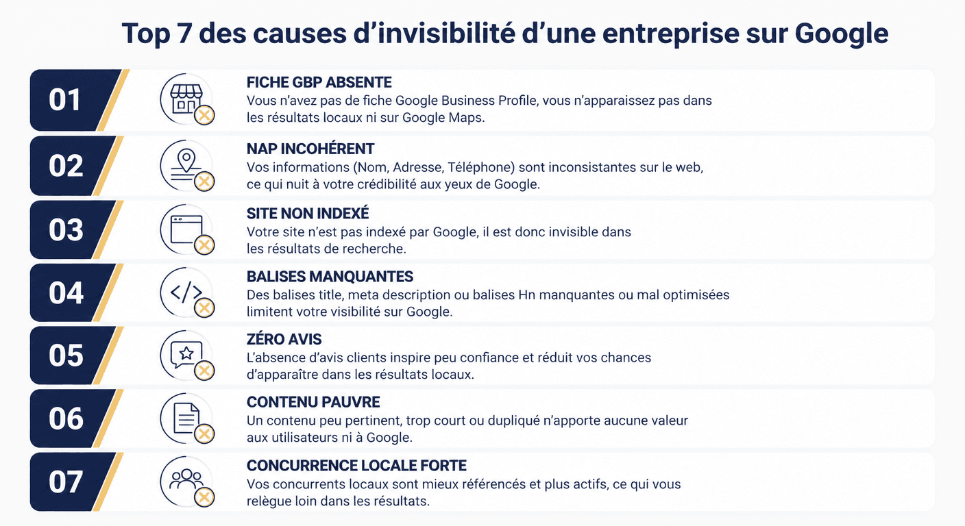 Top 7 des causes d'invisibilité d'une entreprise sur Google