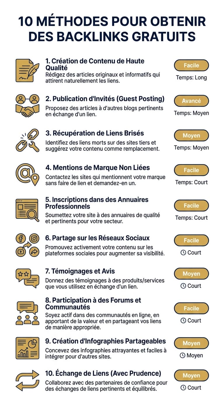Infographie des 10 méthodes pour obtenir des backlinks gratuitement