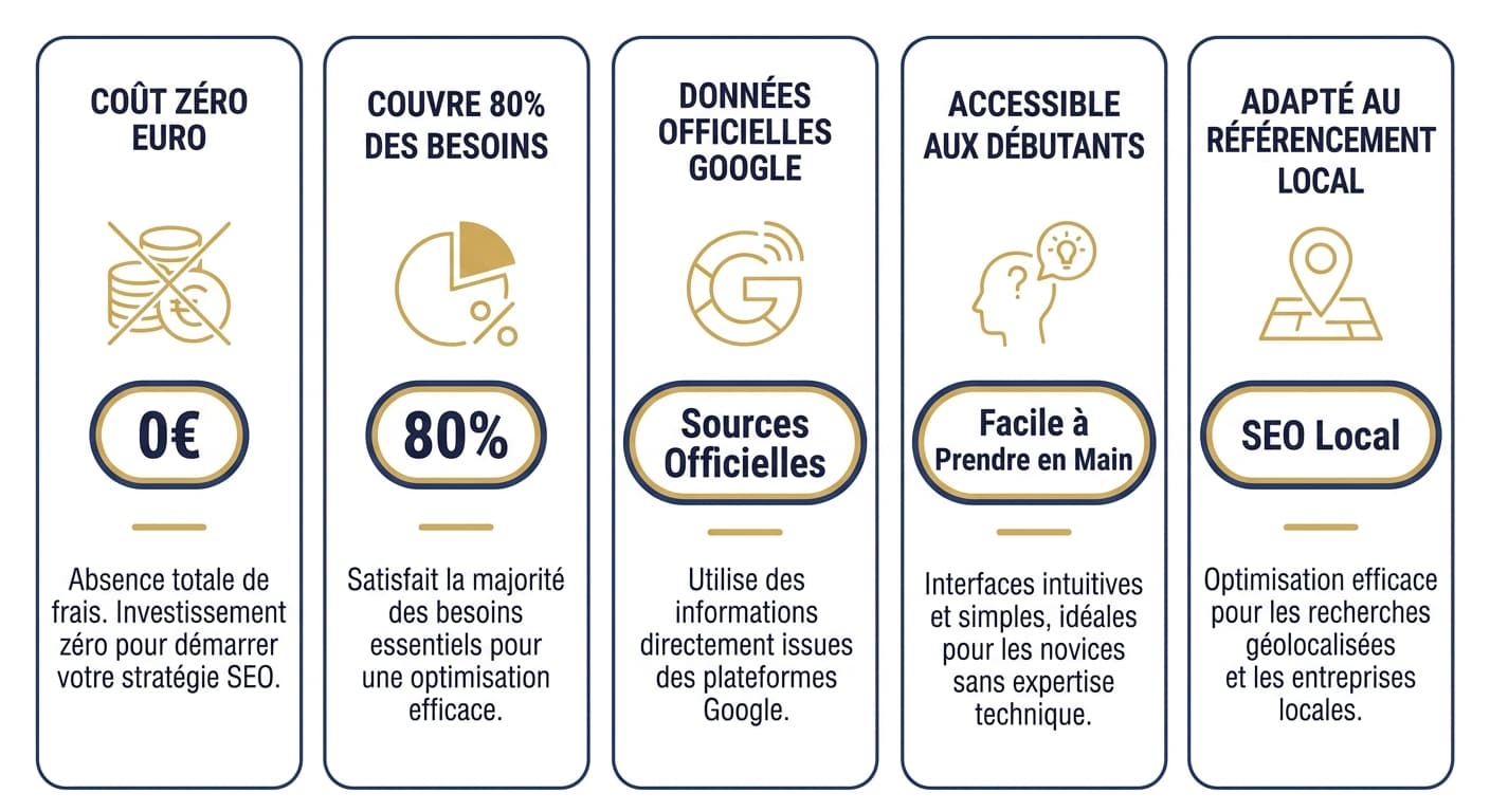 Infographie présentant 5 raisons d'utiliser des outils SEO gratuits en 2026