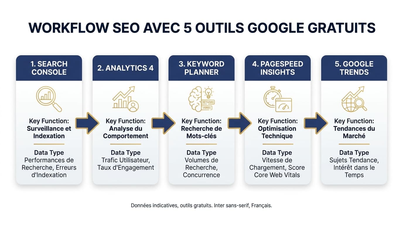 Infographie des 5 outils Google gratuits essentiels pour le référencement