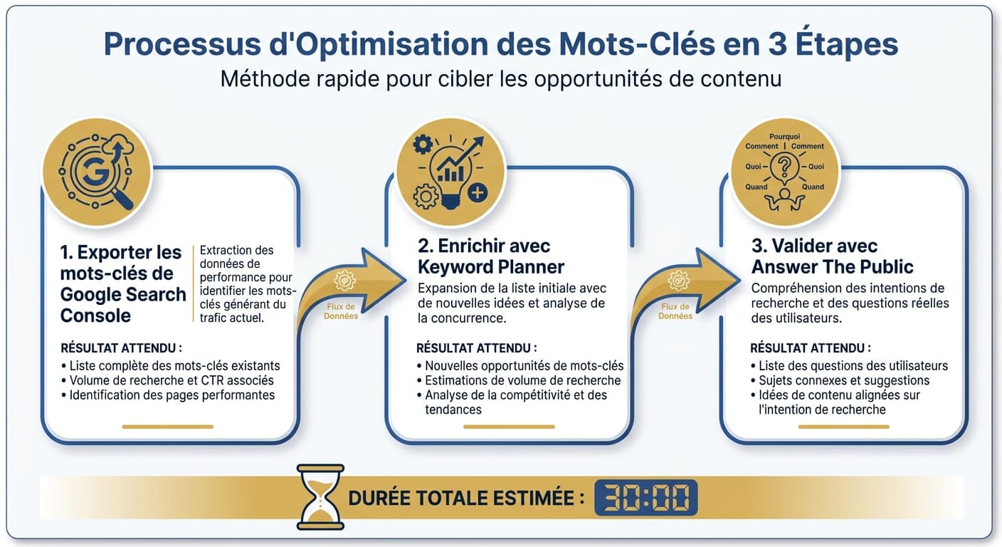 Infographie du workflow gratuit pour trouver 50 mots-clés pertinents en 30 minutes