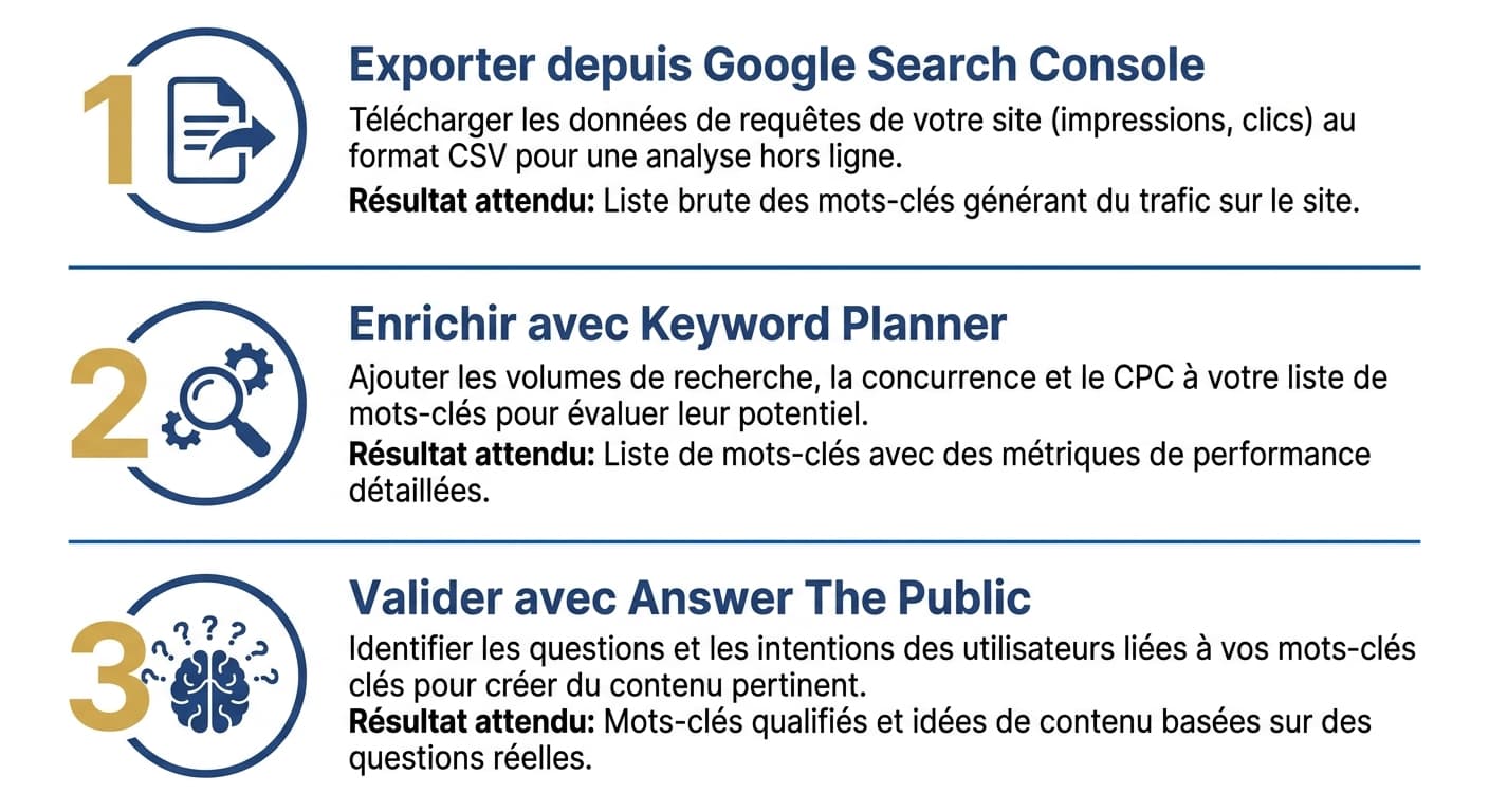 Infographie des 3 étapes pour identifier vos mots-clés gratuitement