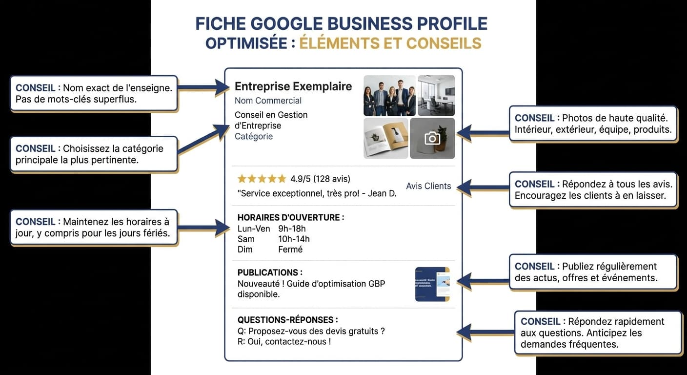 Infographie montrant l'anatomie d'une fiche Google Business Profile parfaitement optimisée