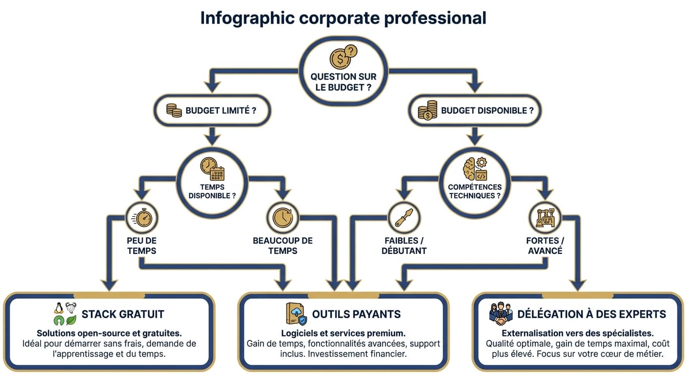 Infographie arbre de décision pour choisir entre outils SEO gratuits, payants ou délégation