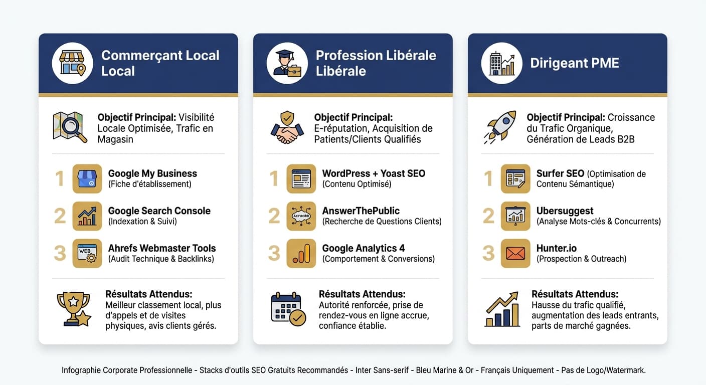 Infographie des 3 stacks d'outils SEO gratuits recommandés selon votre profil d'entreprise