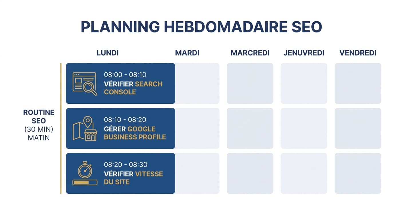 Infographie du planning SEO hebdomadaire gratuit en 30 minutes