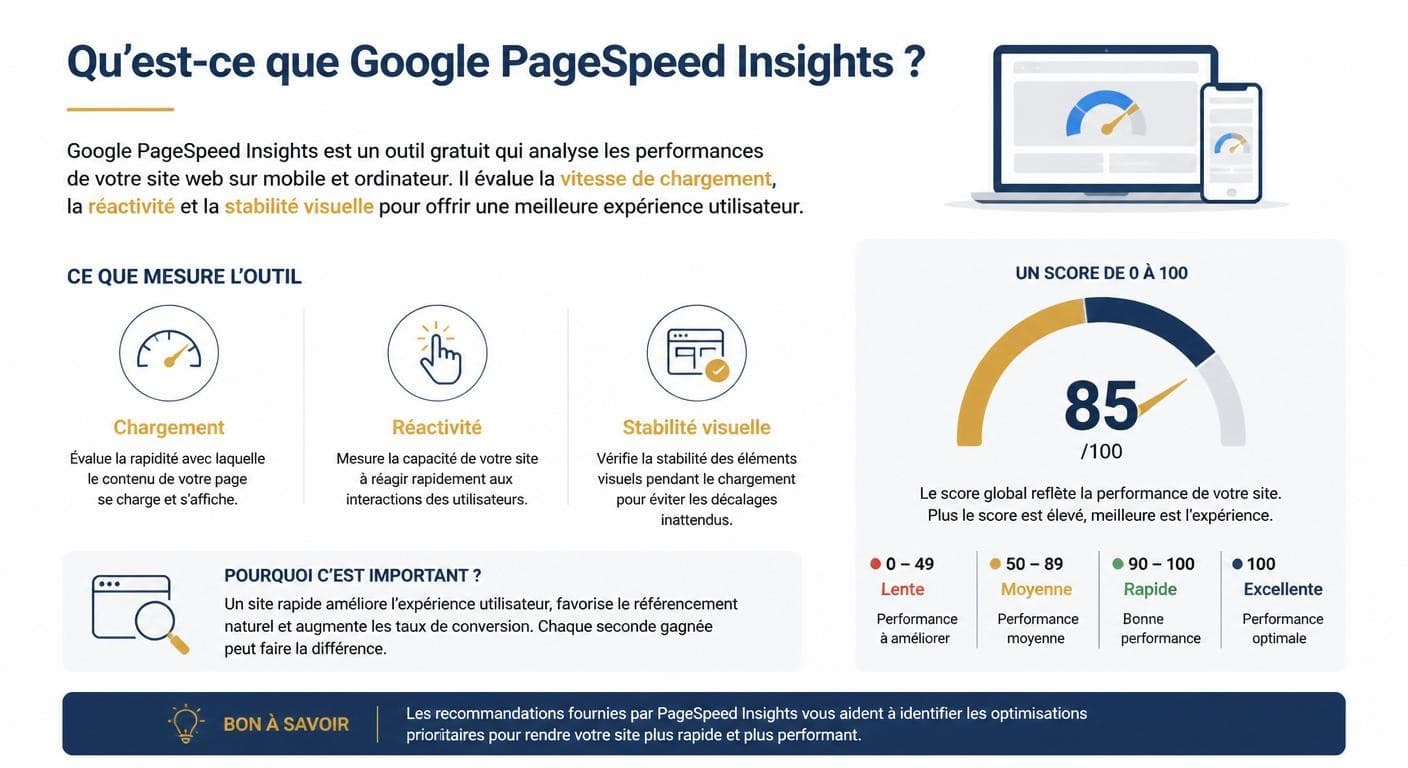 Infographie expliquant ce qu'est PageSpeed Insights et son score de 0 à 100