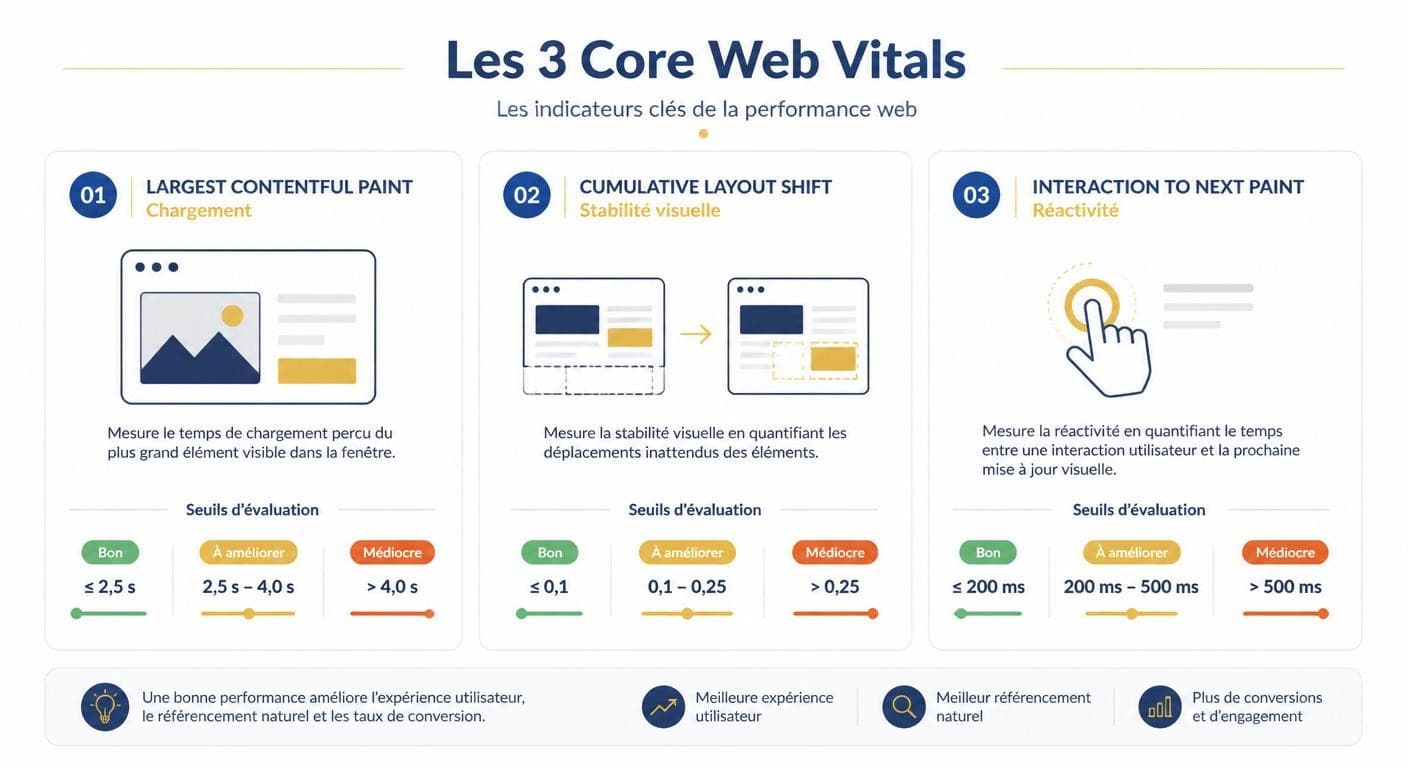 Infographie des trois Core Web Vitals et de leurs seuils dans PageSpeed Insights