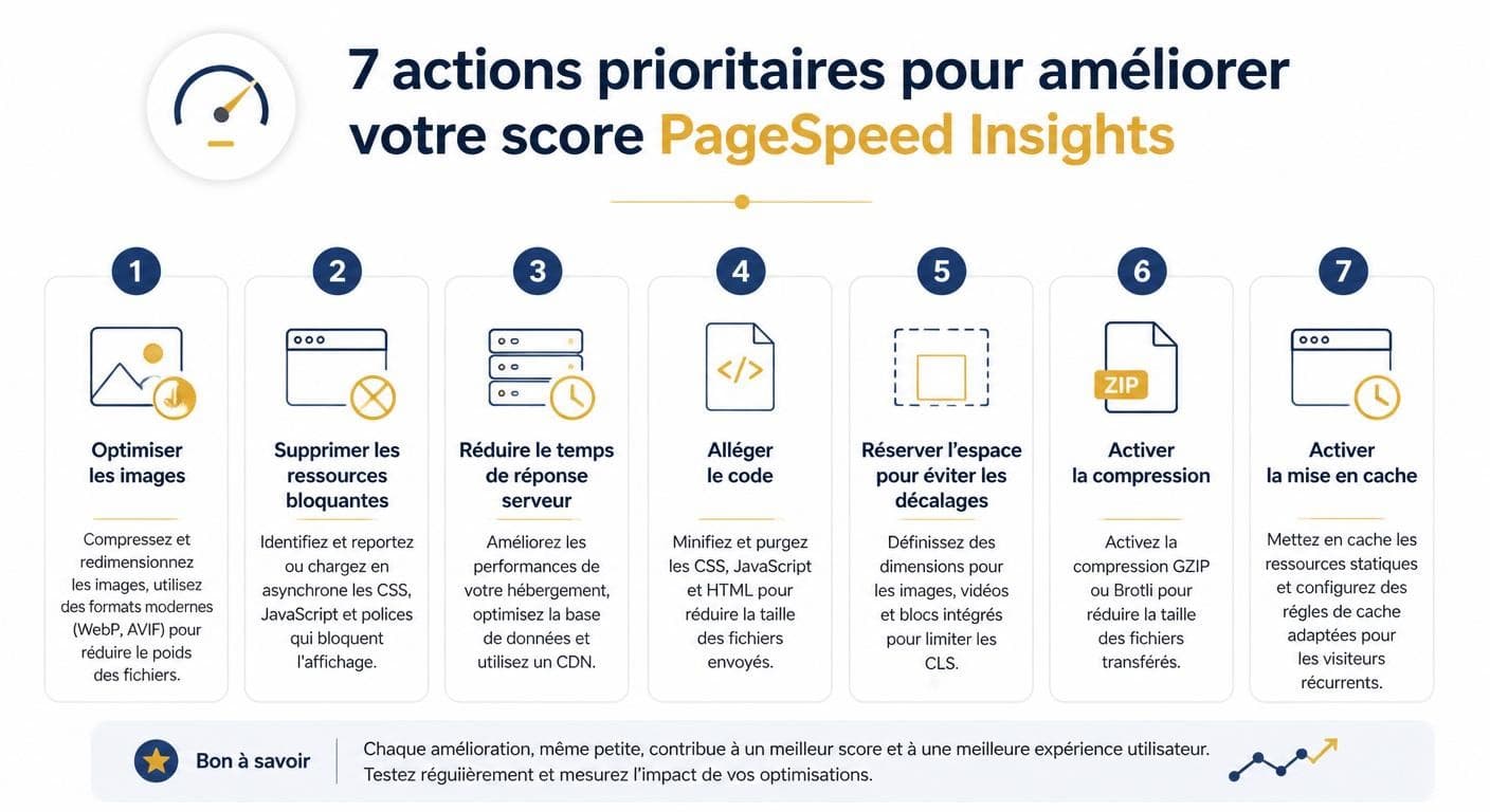 Infographie des 7 actions prioritaires pour améliorer son score PageSpeed Insights