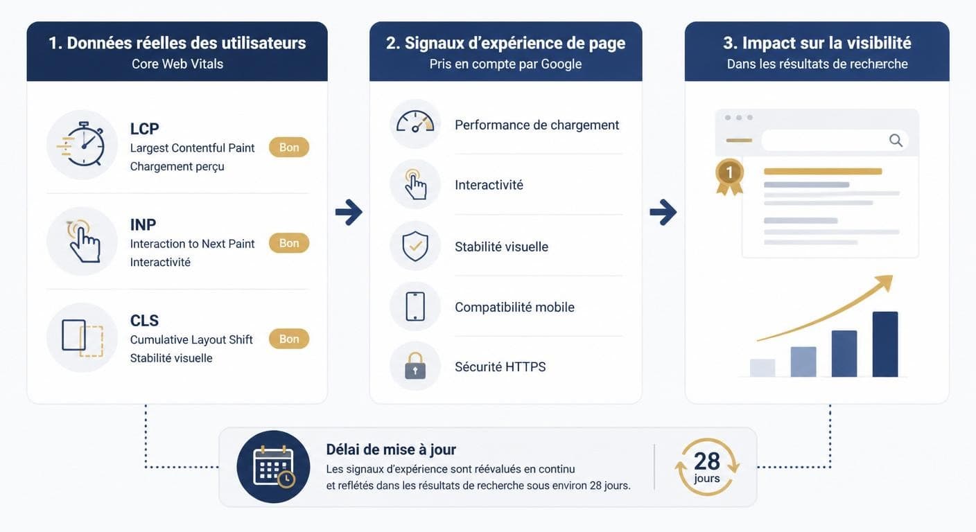 Schéma reliant les Core Web Vitals réels, l'expérience de page et la visibilité sur Google