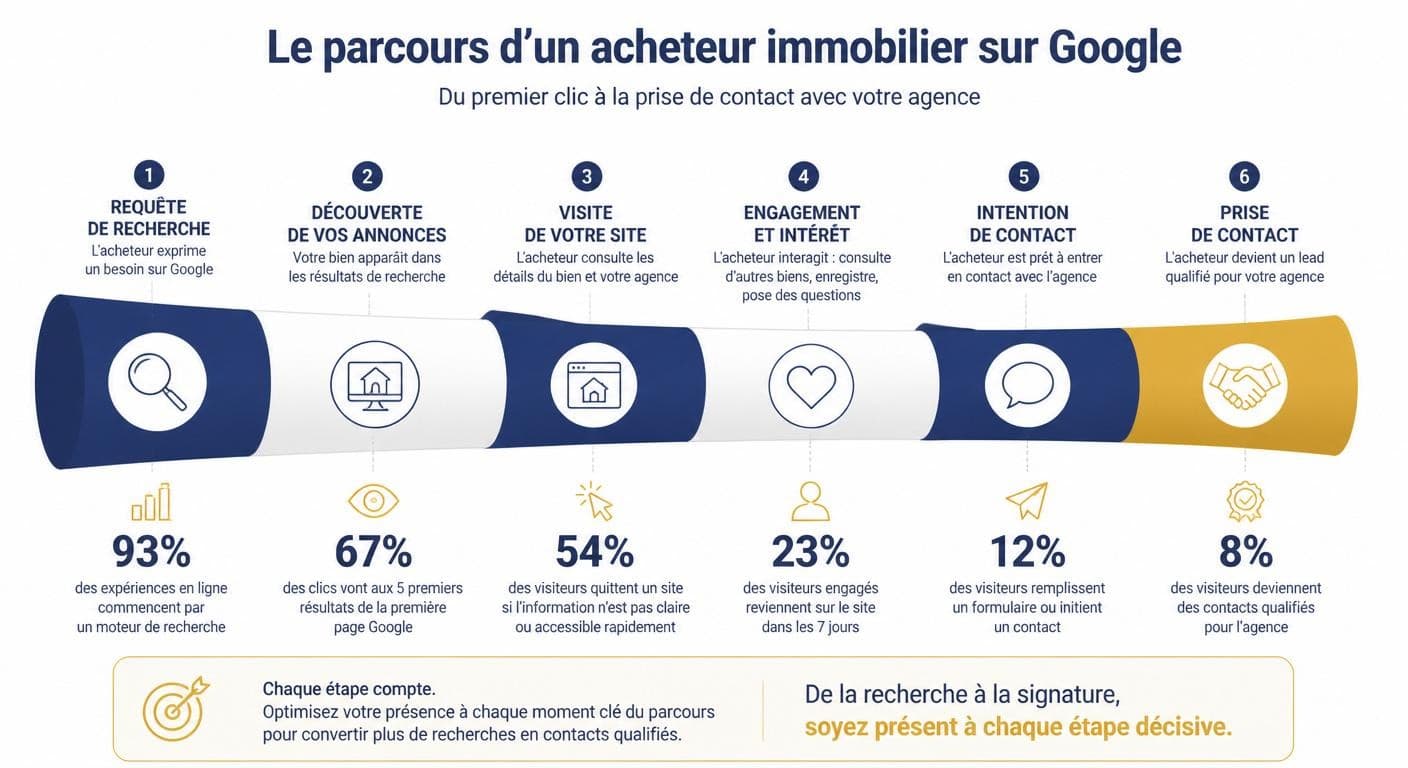 Infographie du parcours d'un acheteur immobilier sur Google, de la recherche au contact agence