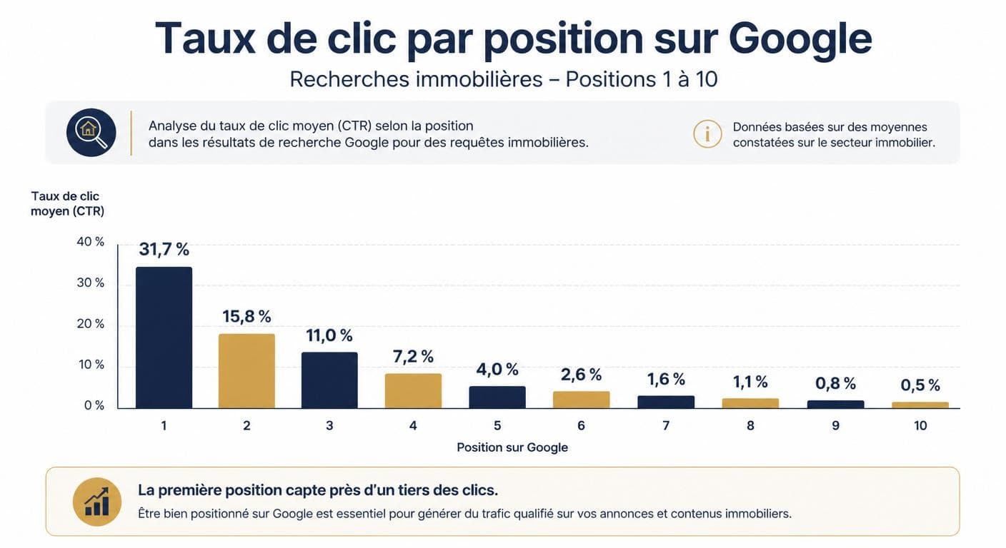 Infographie des taux de clic par position Google pour les recherches immobilières