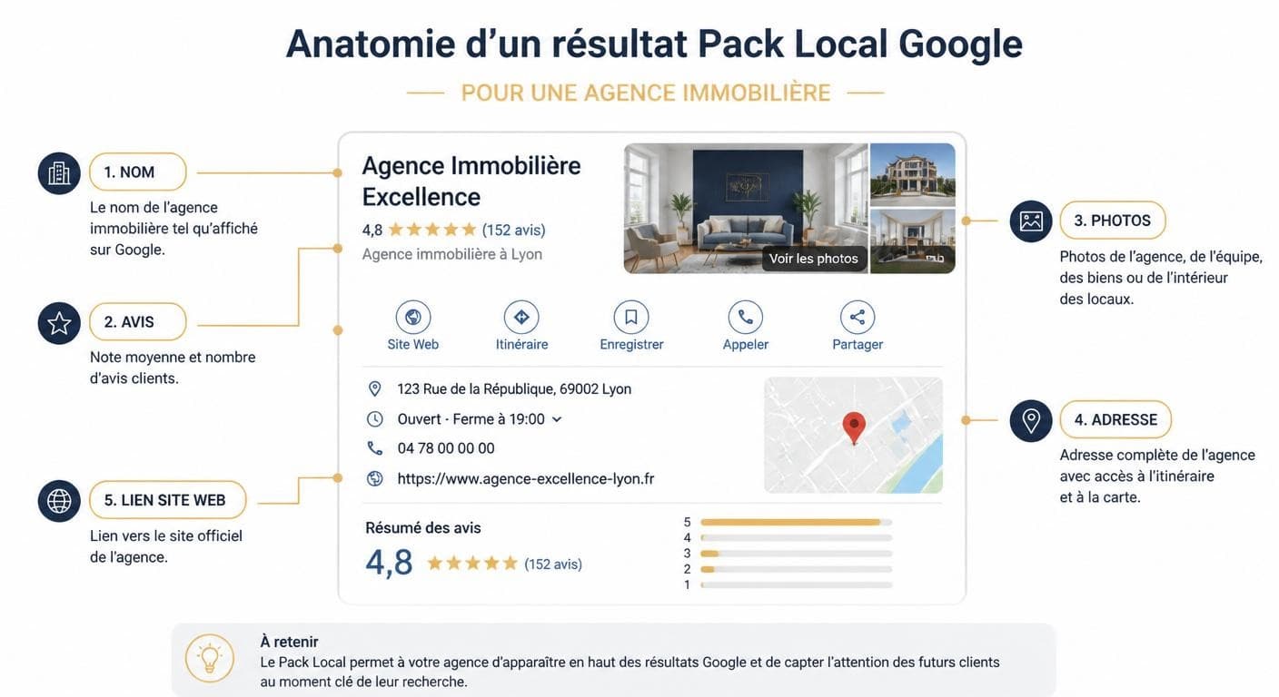 Infographie anatomie d'un résultat pack local Google pour agence immobilière