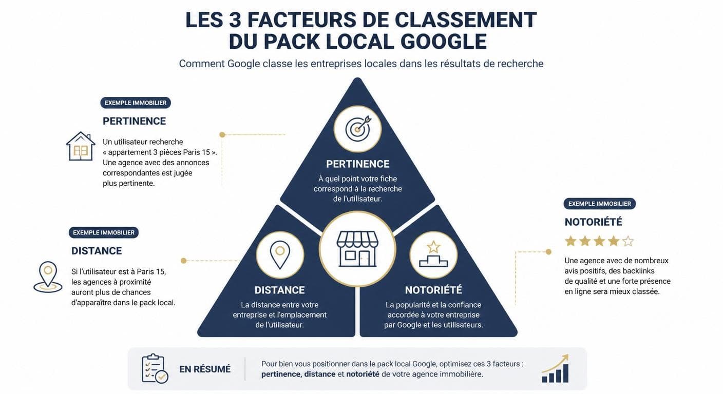 Infographie des trois facteurs de classement du pack local Google pour l'immobilier