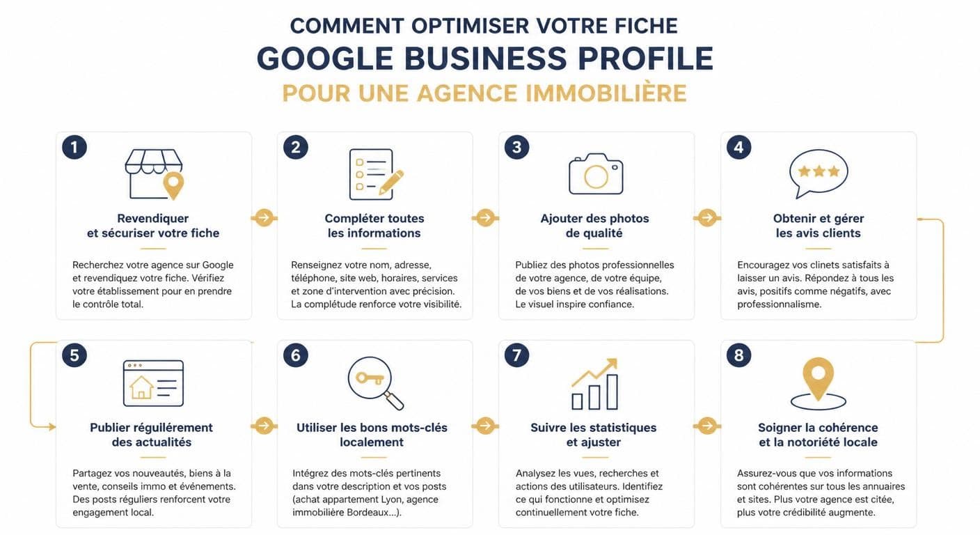 Infographie étape par étape pour optimiser sa fiche Google Business Profile agence immobilière