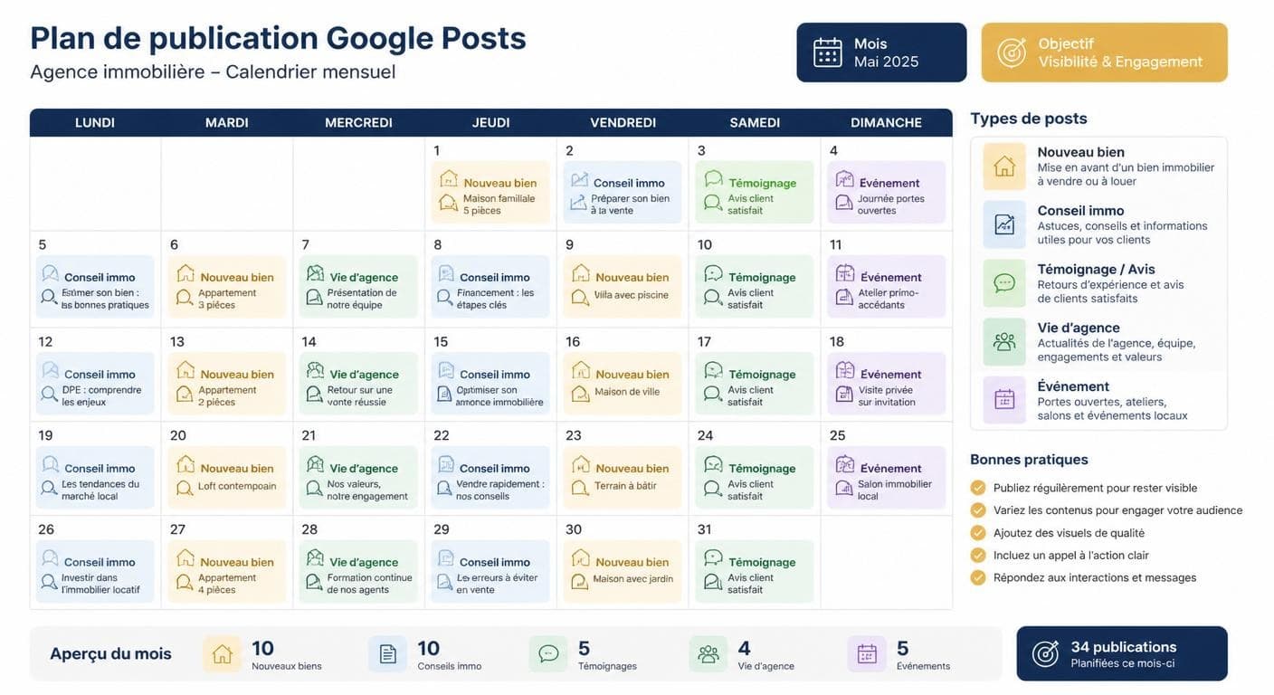 Infographie calendrier mensuel de publications Google Posts pour agence immobilière