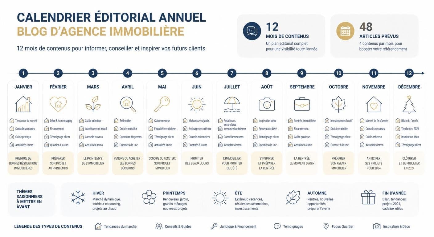 Infographie calendrier éditorial 12 mois pour blog agence immobilière