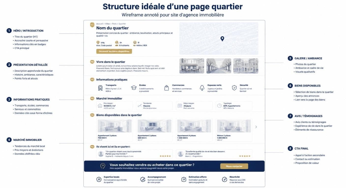 Infographie structure idéale d'une page quartier pour site immobilier