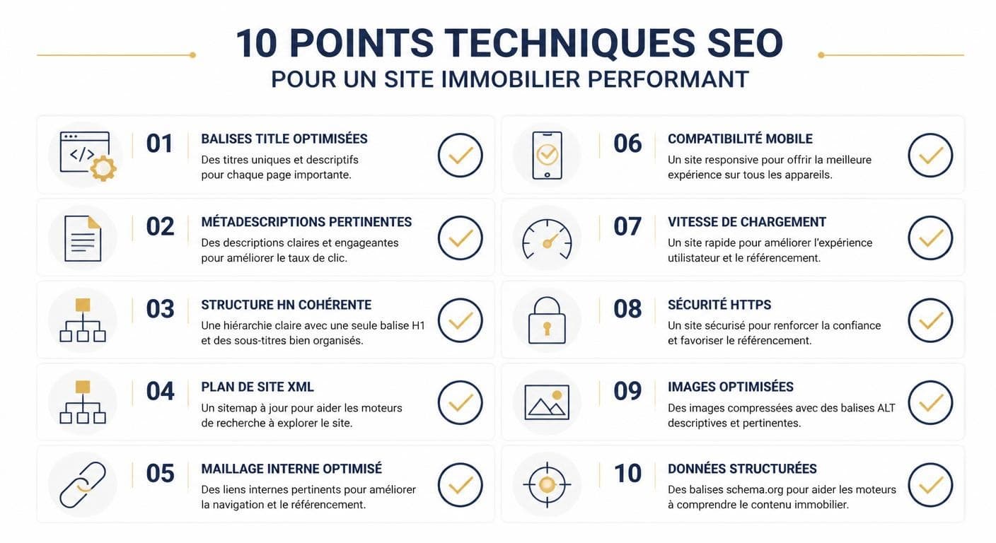 Infographie checklist technique SEO en 10 points pour site immobilier
