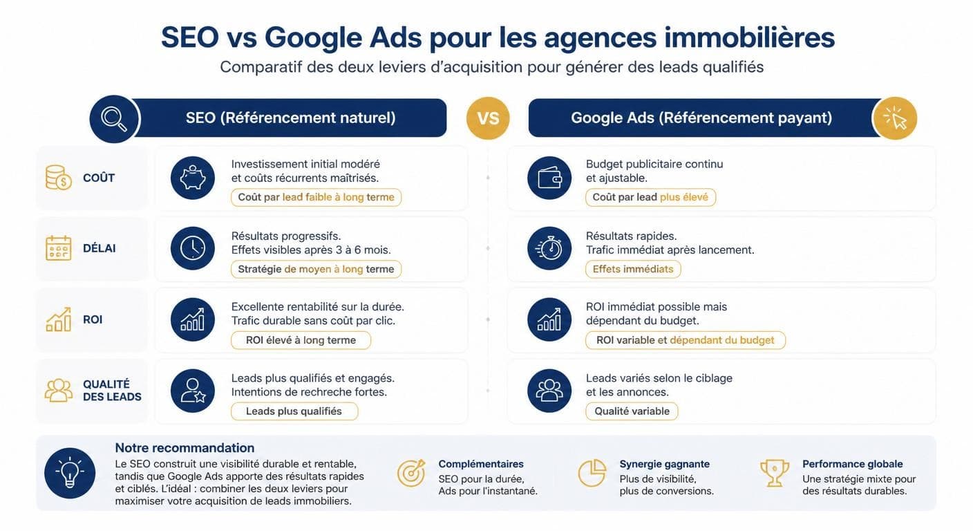 Infographie comparatif SEO versus Google Ads pour agences immobilières