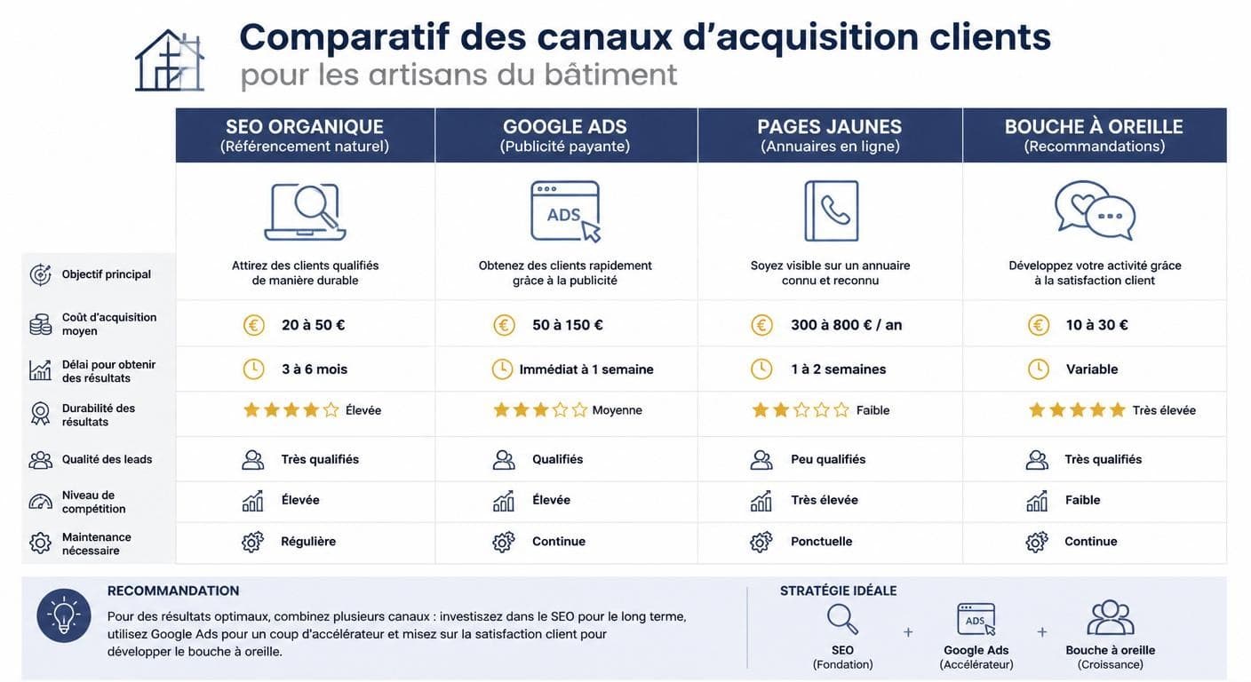 Comparaison des canaux d'acquisition clients pour artisans : SEO, publicité, bouche-à-oreille