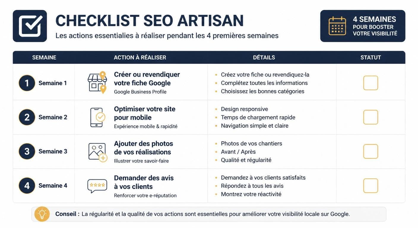 Checklist des actions référencement artisan pour les 4 premières semaines