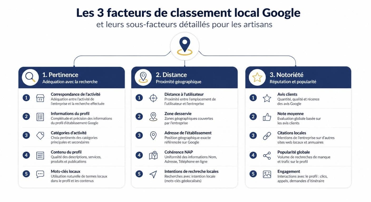 Diagramme des 3 facteurs de classement local Google pour artisans